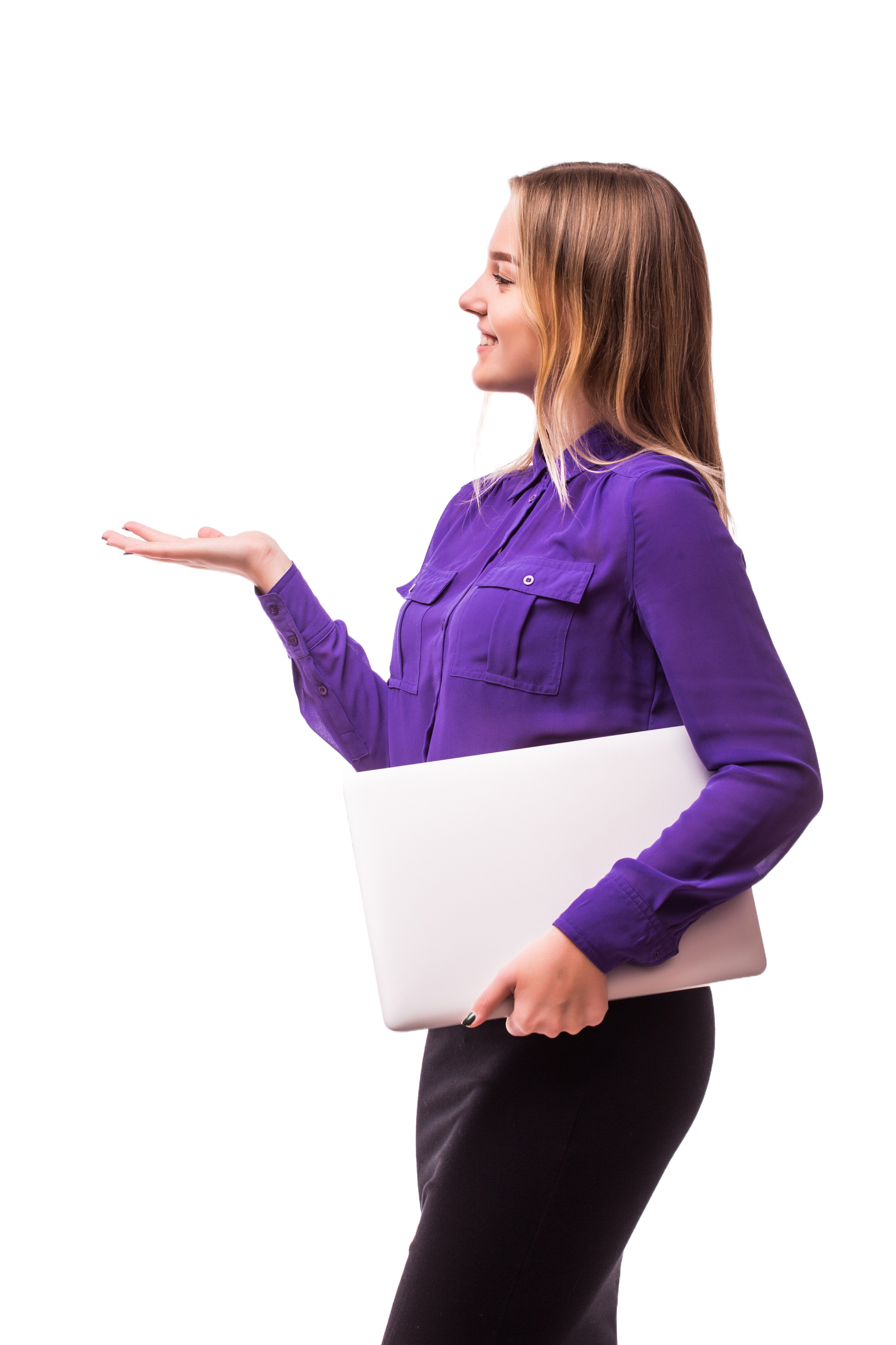 portrait-shocked-happy-woman-with-laptop-holding-copy-space-palm-isolated-gray-wall